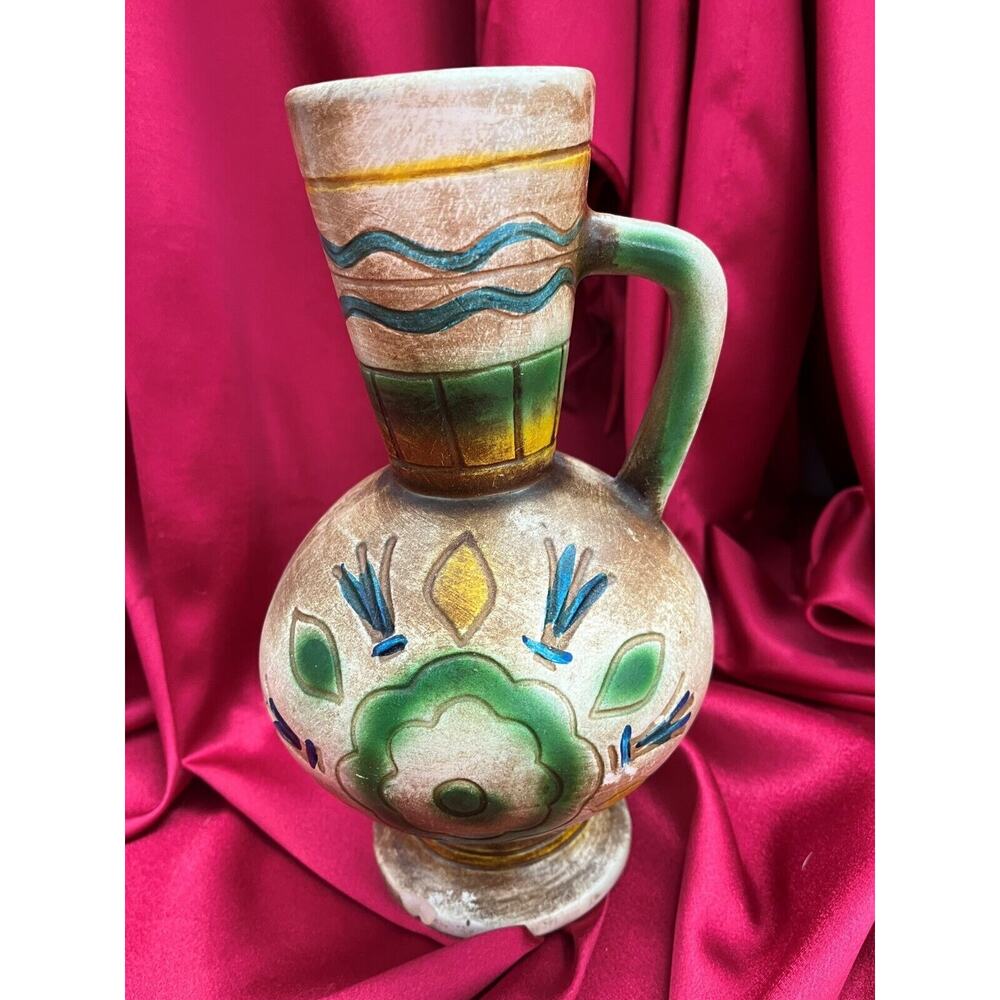 HAND PAINTED POTTERY VASE WITH HANDLE MADE IN MEXICO 9" HIGH